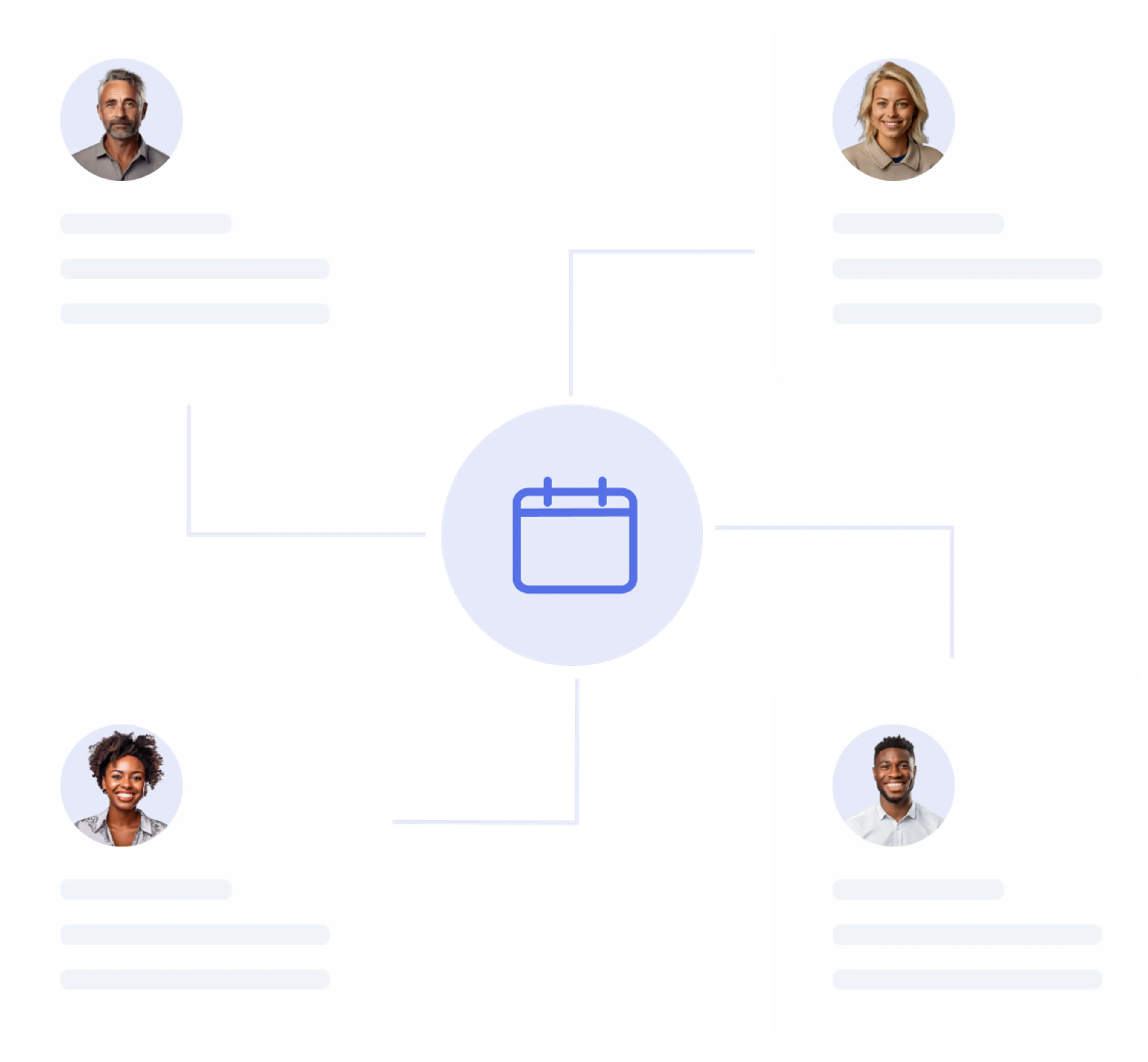 Calendar icon in the center connected to four user profile cards, representing team scheduling.