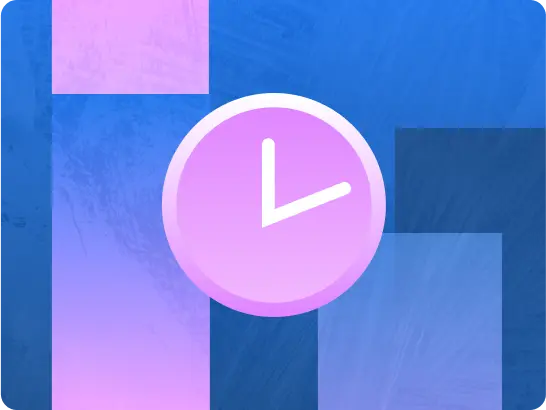 A graphic icon featuring a pink clock face with white hour and minute hands indicating the time, set against an abstract, geometric background of blue and purple tones.