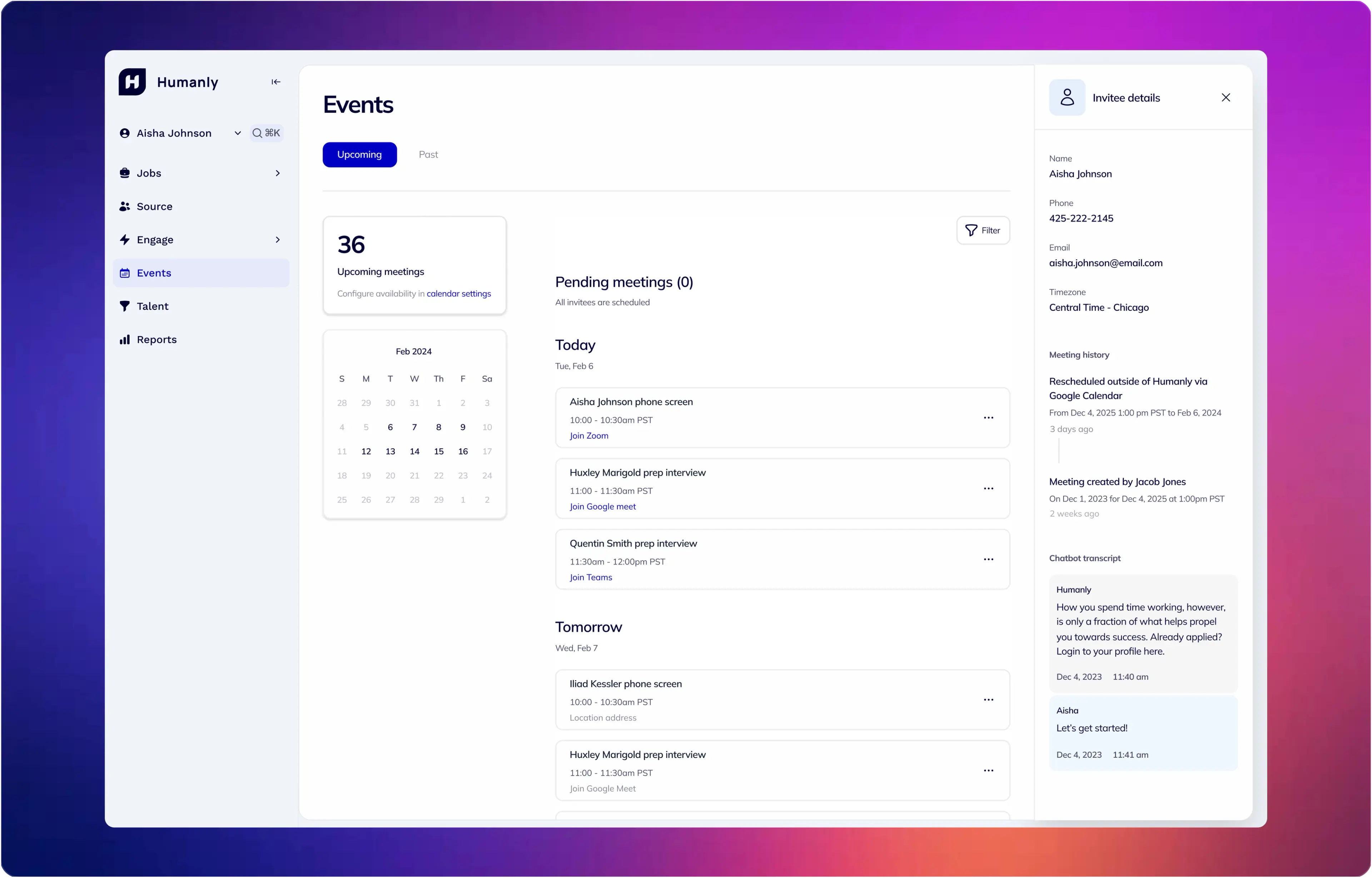 Humanly dashboard on Event page