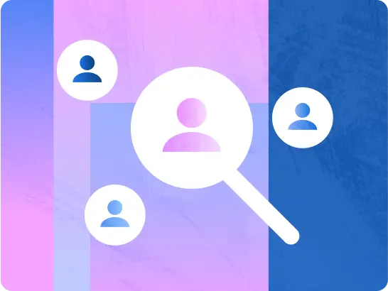 A graphic illustration featuring a magnifying glass over a group of person icons, symbolizing a search for people, talent acquisition, or user targeting. The magnifying glass highlights a larger pink/purple person icon, while the other three smaller person icons are blue. The background is an abstract blend of blue, purple, and pink vertical sections.