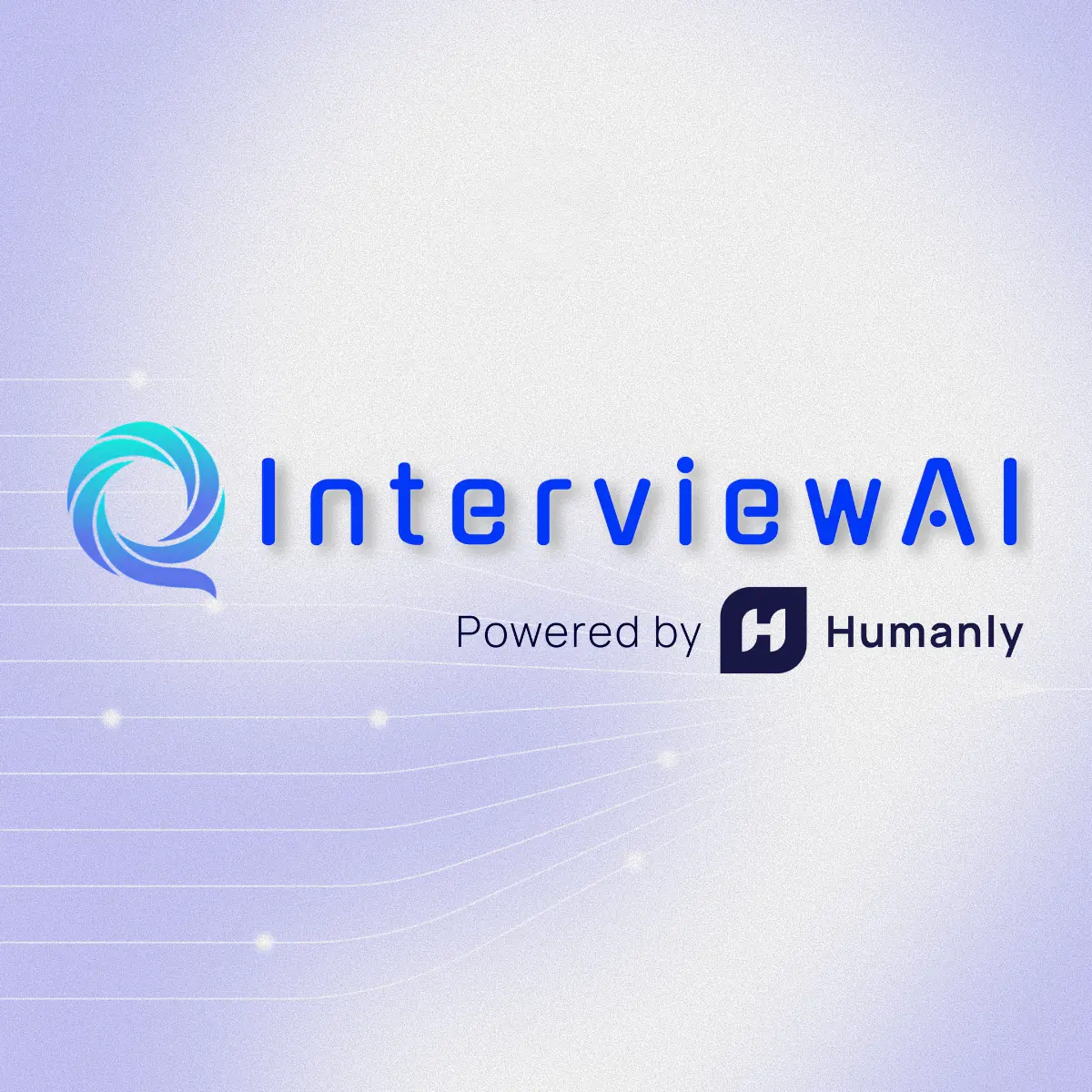 The logo for "InterviewAI", featuring a swirling, blue and turquoise 'Q' icon next to the blue text "InterviewAI." Below, the phrase "Powered by" precedes the Humanly 'H' logo and name, all set against a light blue, subtle geometric background.