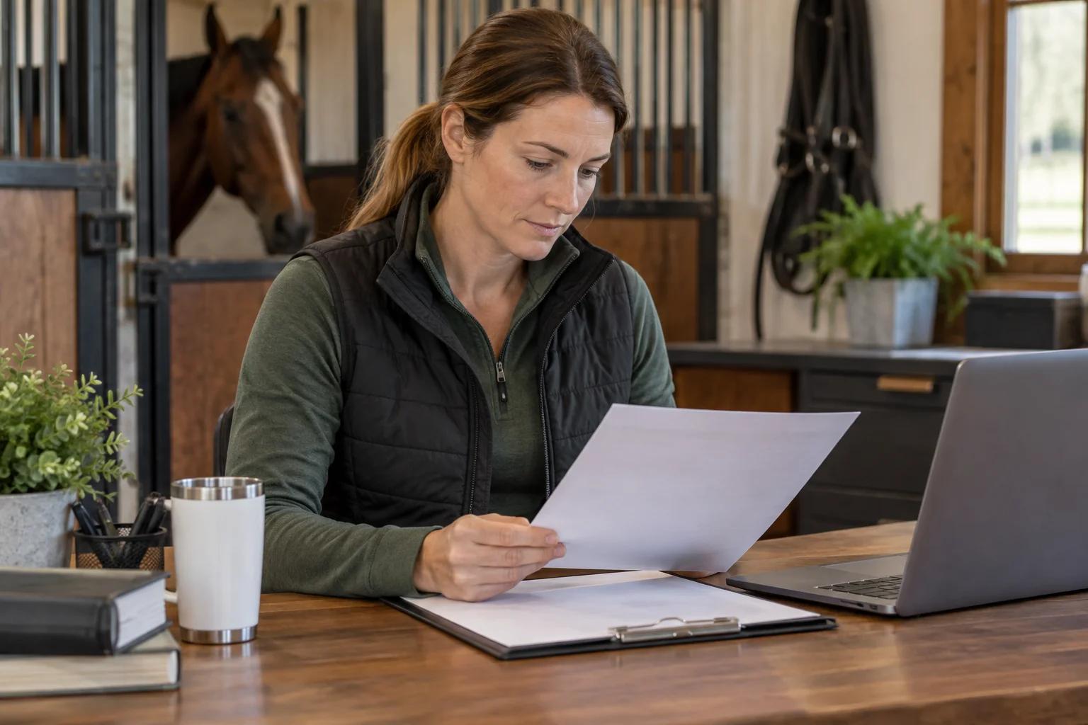 Barn manager reviewing an invoice that separates full board and full training charges
