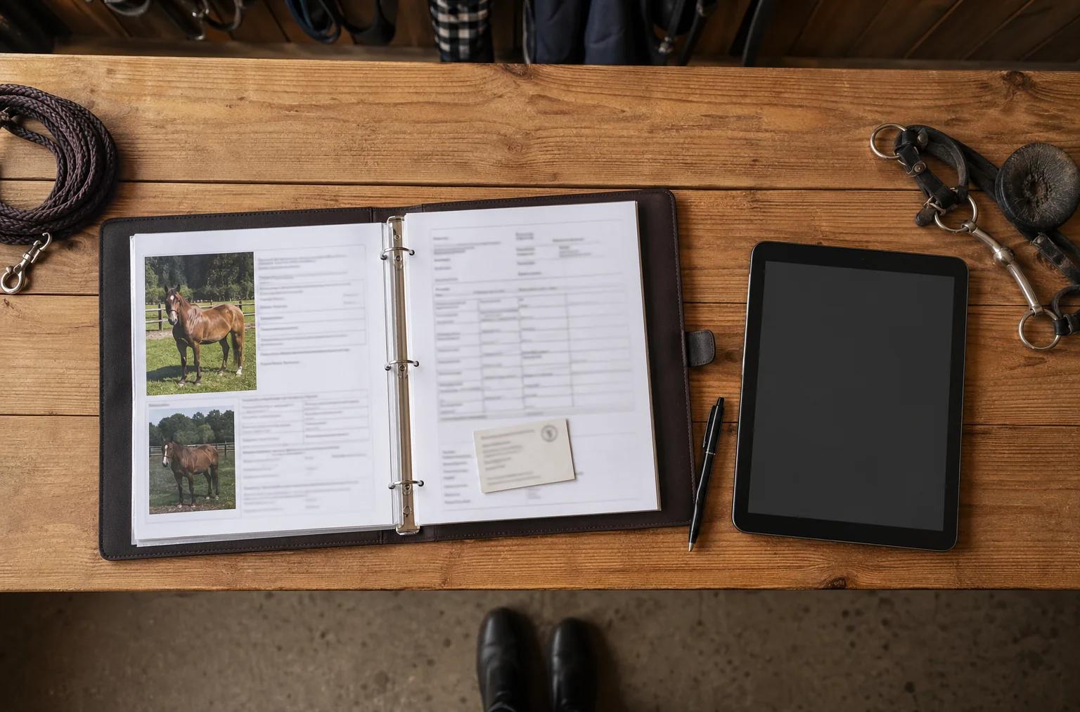 Top-down view of a horse health record binder open on a tack room counter with a digital tablet