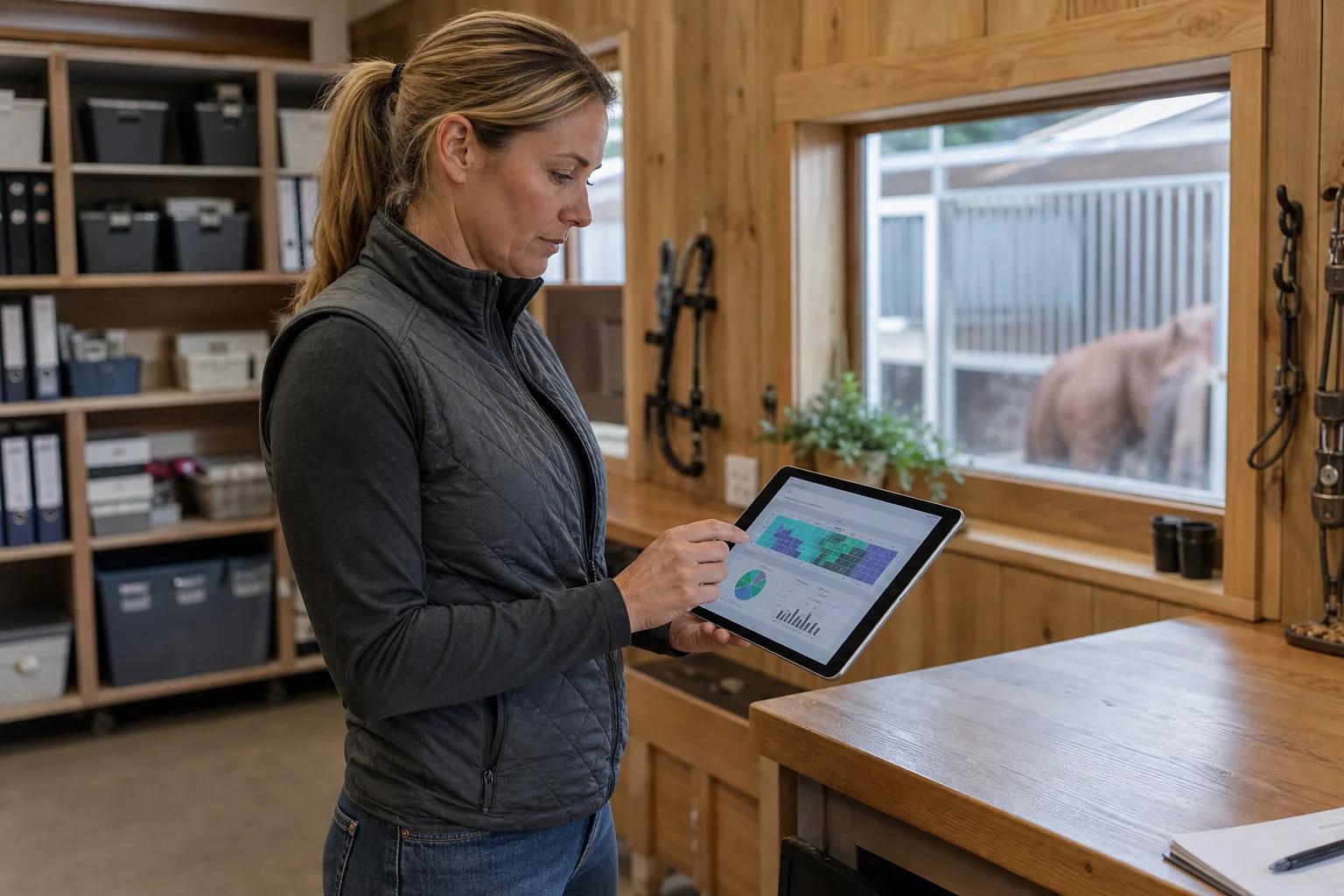 Barn manager reviewing stall occupancy records and boarder billing details on a facility management dashboard