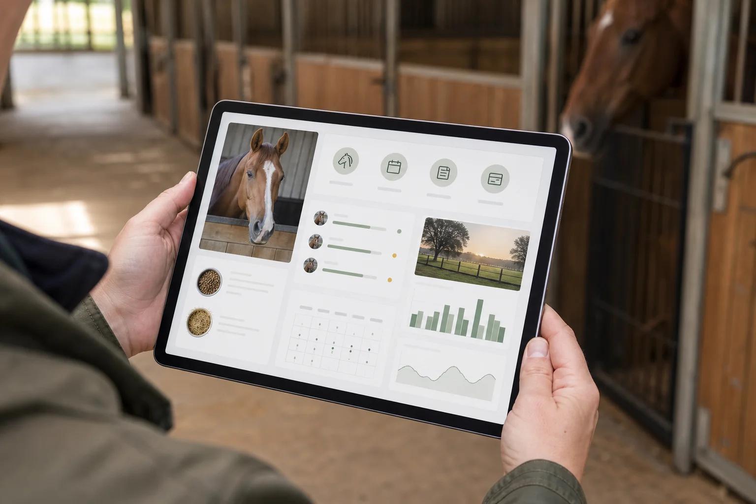 Horse boarding owner portal dashboard displayed on a tablet inside a boarding barn stable