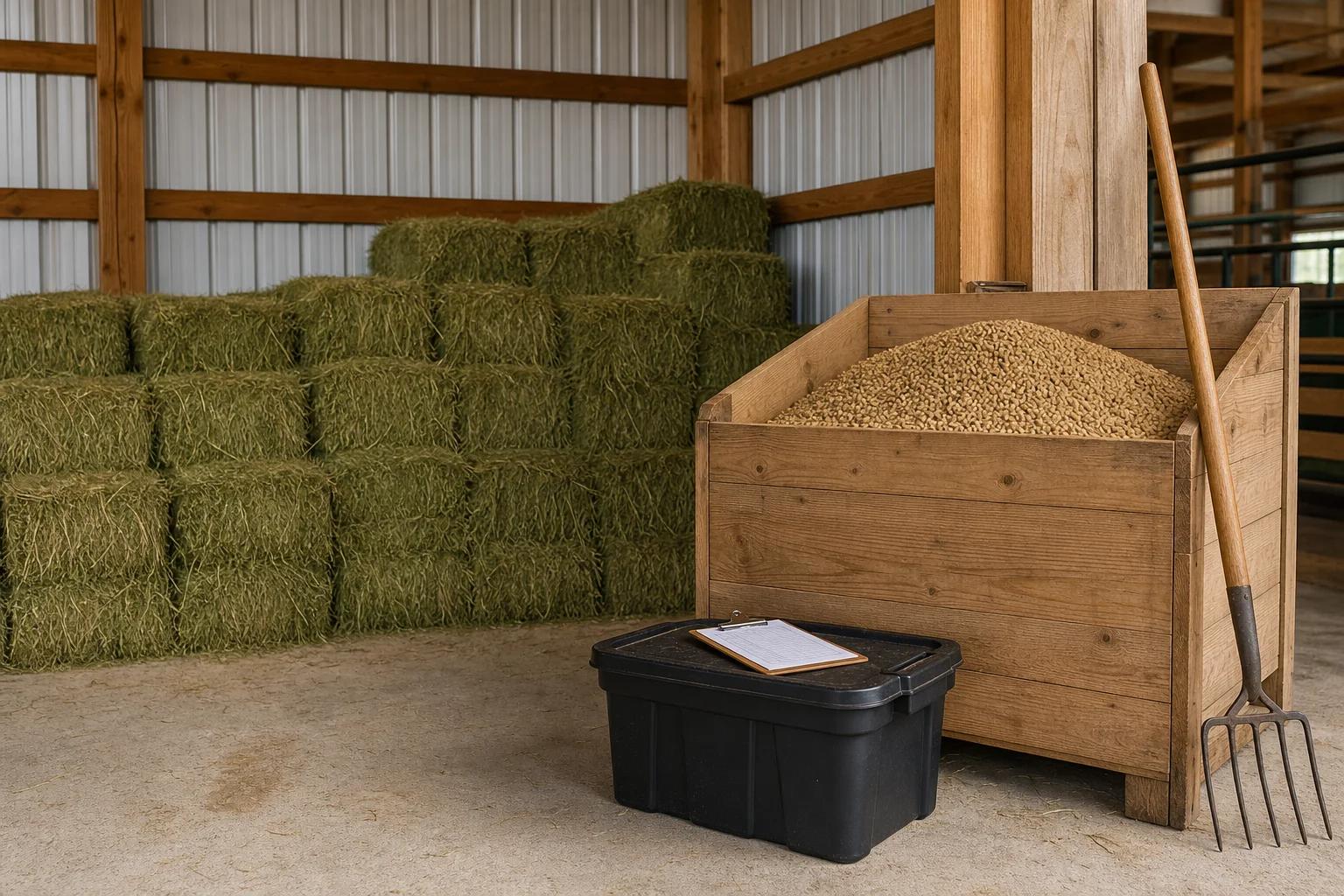 Organized hay storage and feeding supplies at a boarding barn representing variable horse boarding costs