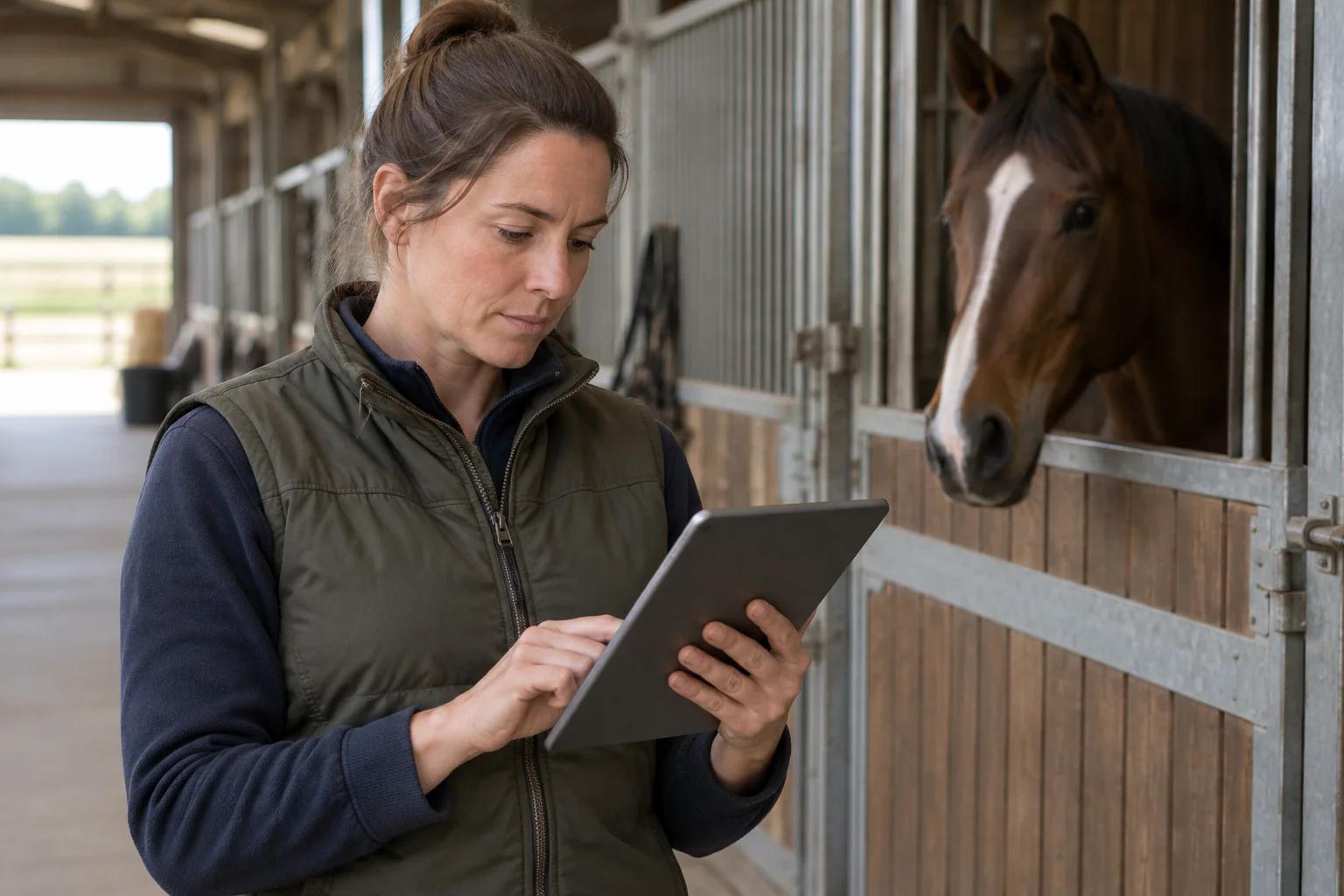 Barn manager reviewing a horse boarding invoice with itemized supplement charges on a tablet