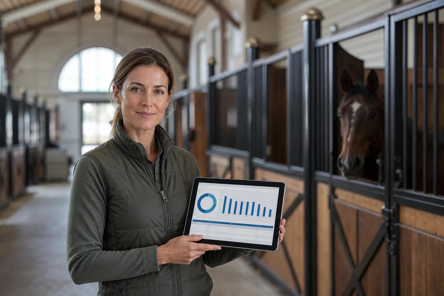 Barn manager checking billing data on a tablet while standing in a stable aisle
