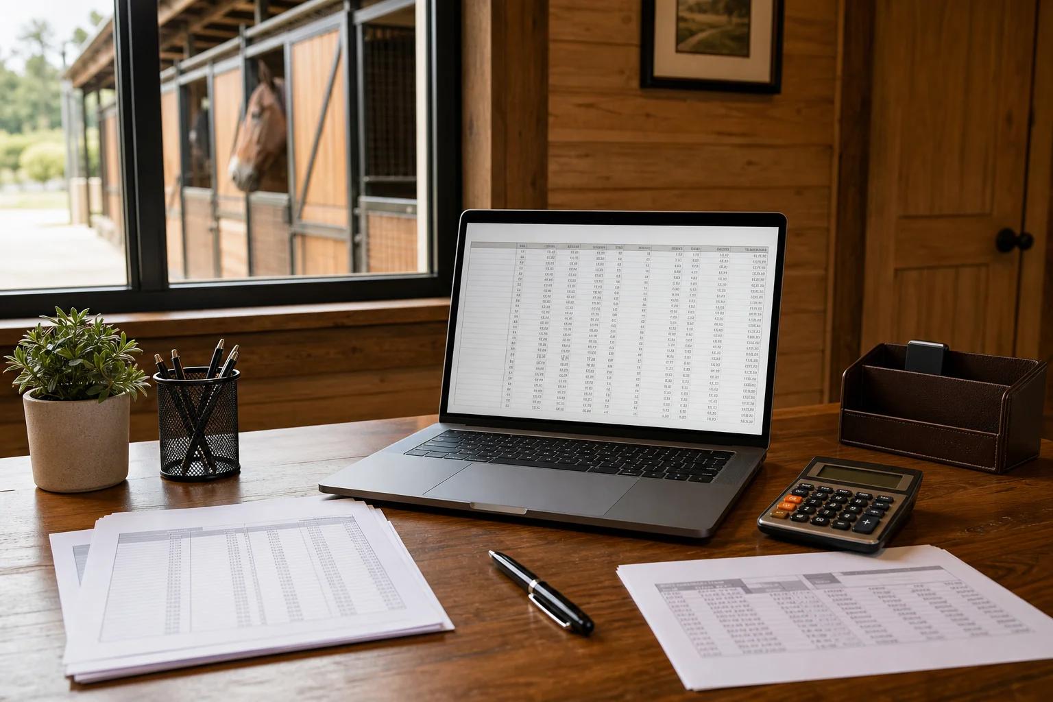 Horse board pricing worksheet on a laptop with calculator at a stable office desk