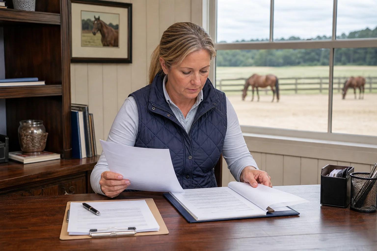 Barn manager reviewing equine liability insurance documents and boarding contracts at a stable office desk