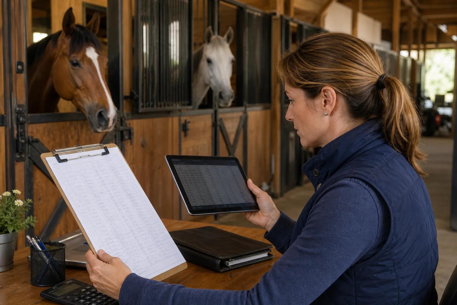 Barn manager comparing paper clipboard with digital tablet showing organized horse care records in a stable office