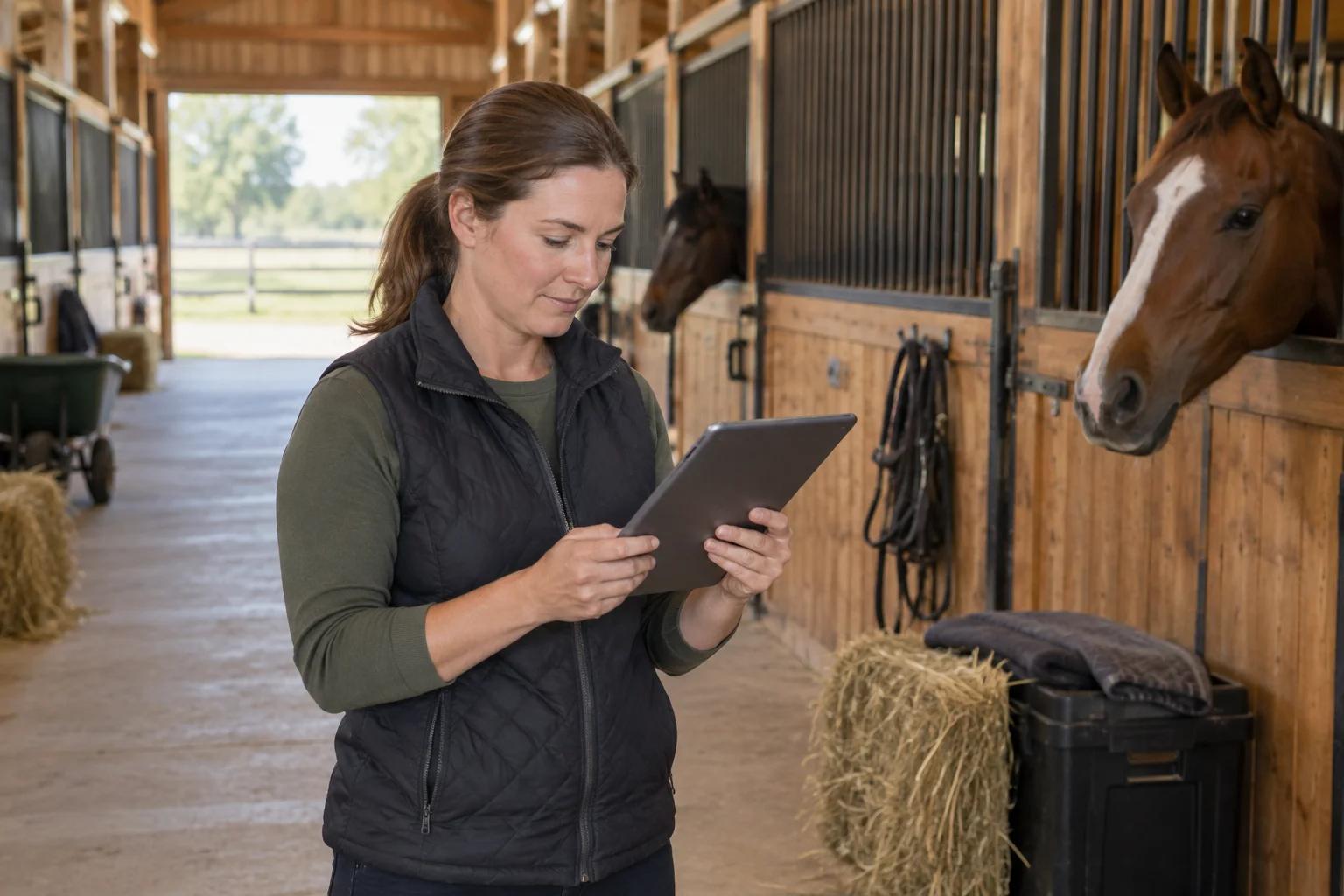 Barn manager reviewing a signed boarding agreement and payment schedule on a tablet in a stable aisle