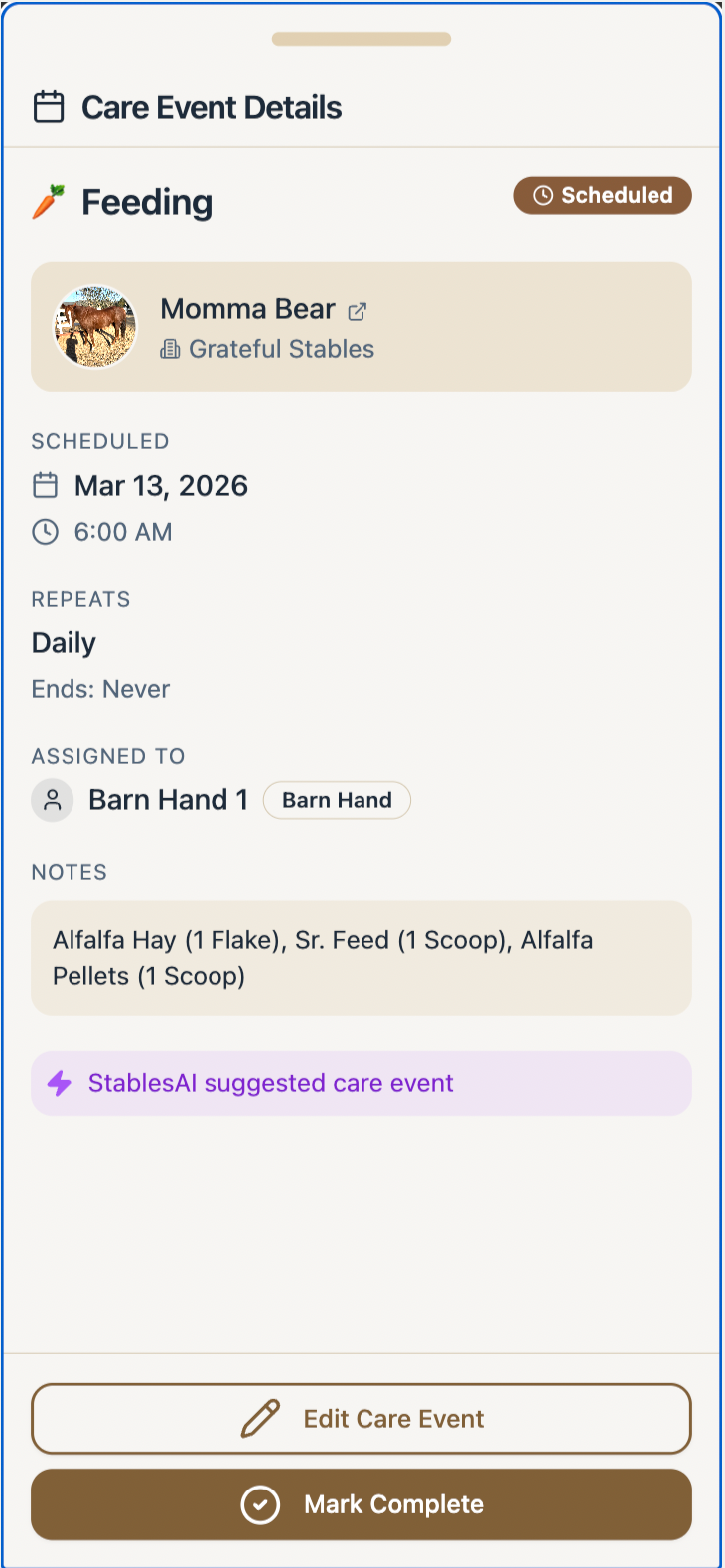 Horse Care Event Details