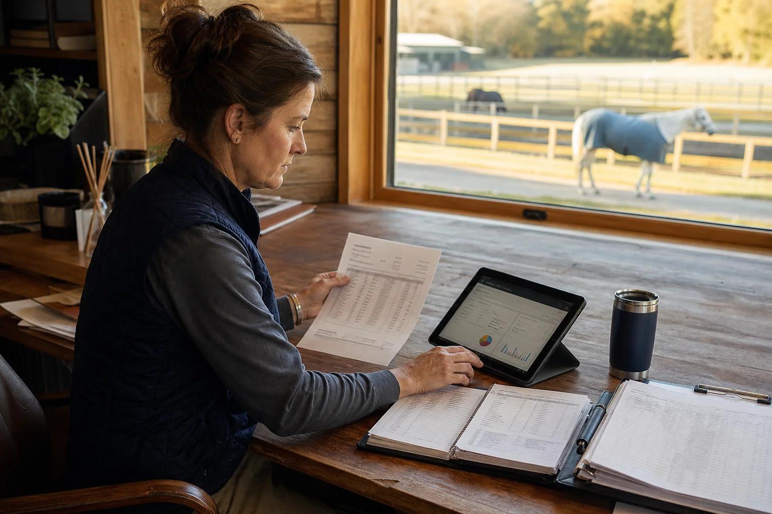 Barn manager reviewing boarding invoices and billing records at a stable facility desk with horse stalls in the background