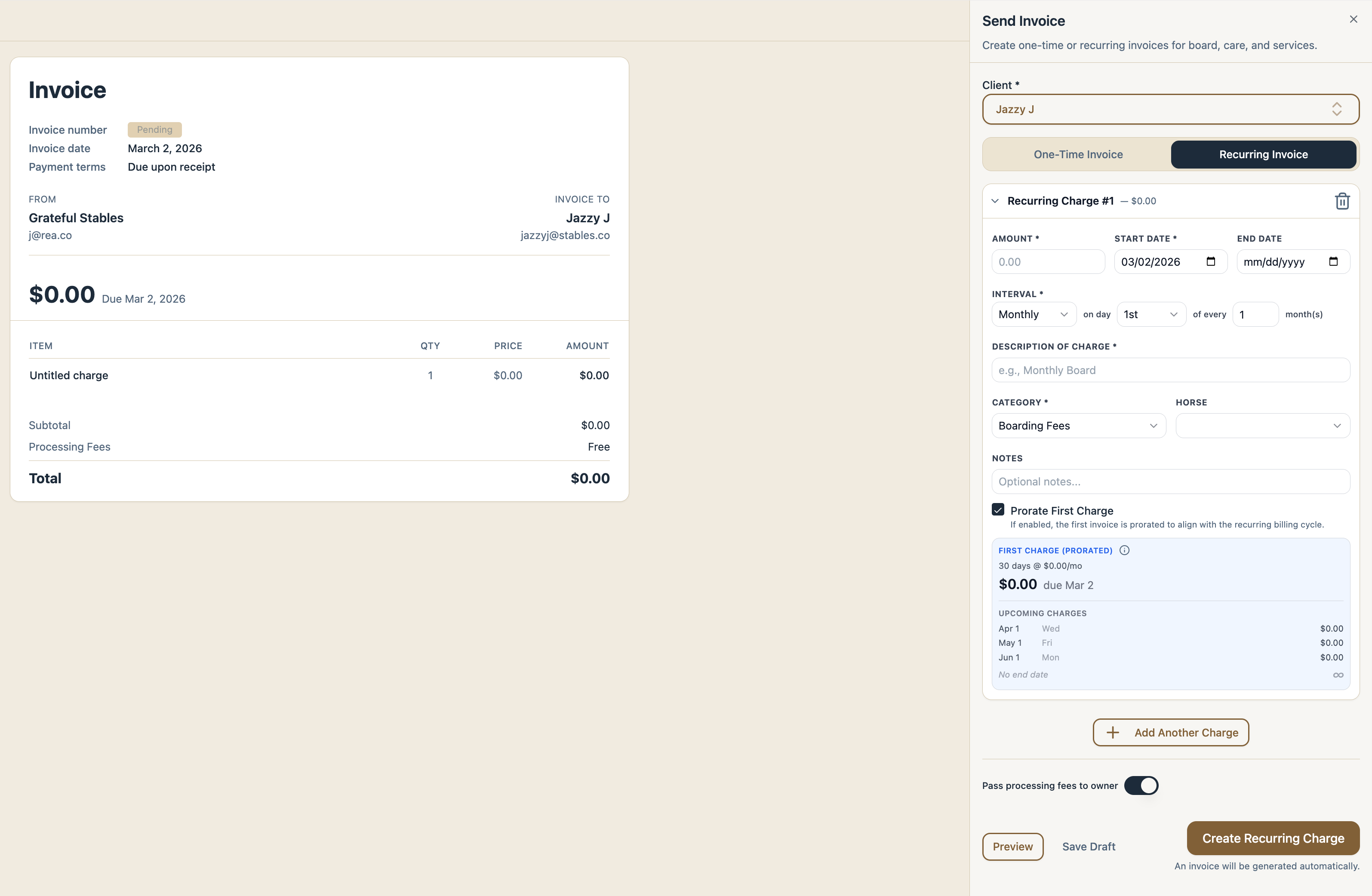 Automated Recurring Horse Boarding Charges & Collections