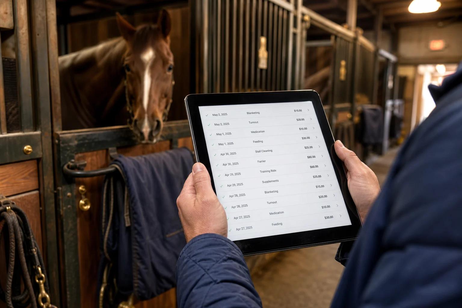 A boarding barn manager reviewing extra-care charge entries and fees on a tablet beside a horse stall