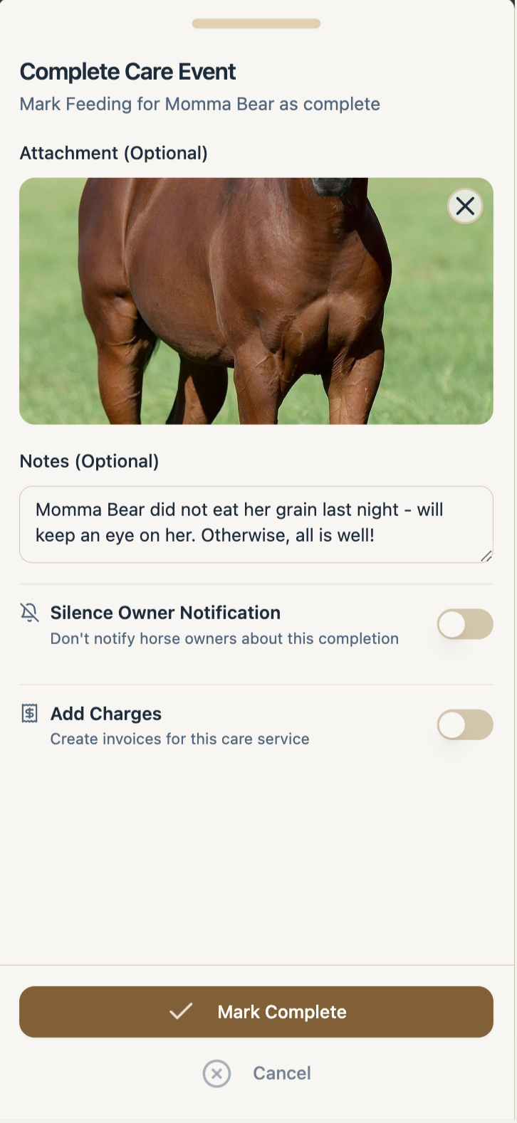 Quickly Complete Care Events