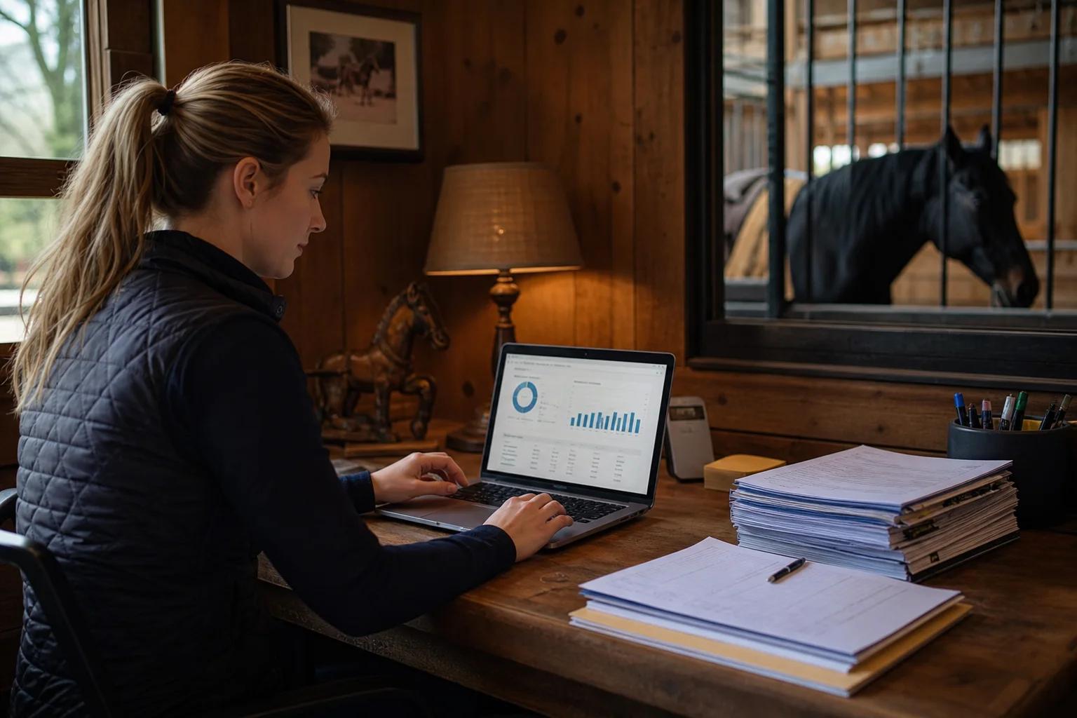 Barn manager reviewing occupancy charts and billing reports on a laptop at a desk inside a boarding barn office