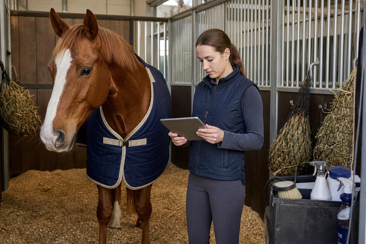 Barn employee logging an add-on care service on a tablet next to a horse in a stall, illustrating care tracking and billing capture workflows
