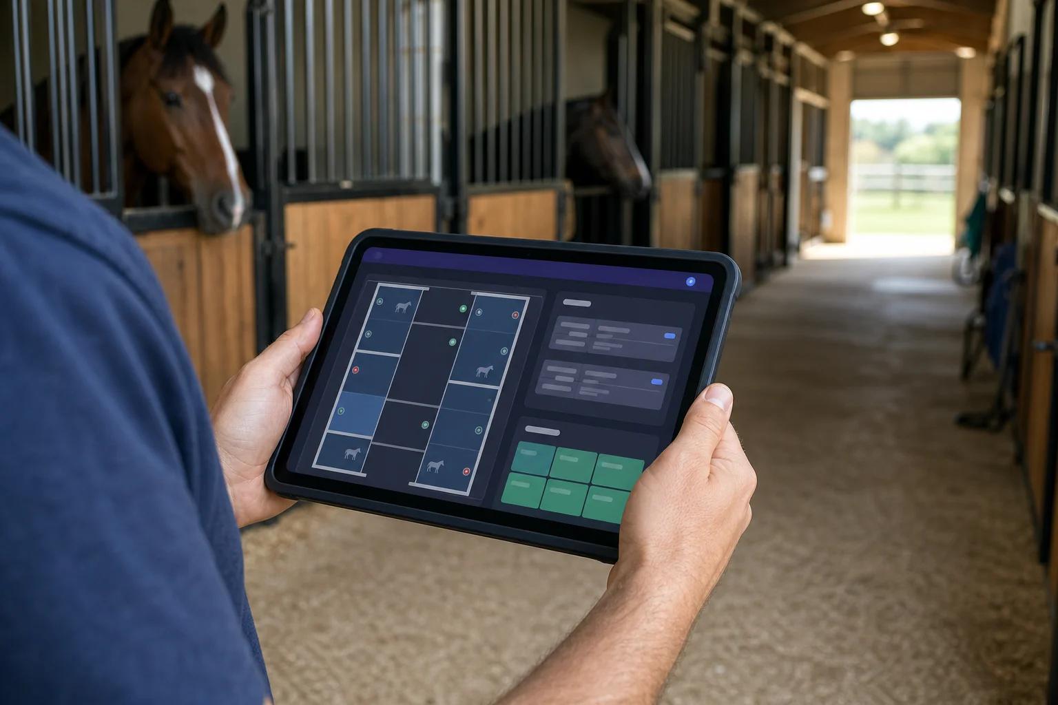 Barn manager reviewing a stall assignment and billing dashboard on a tablet in a boarding barn aisle