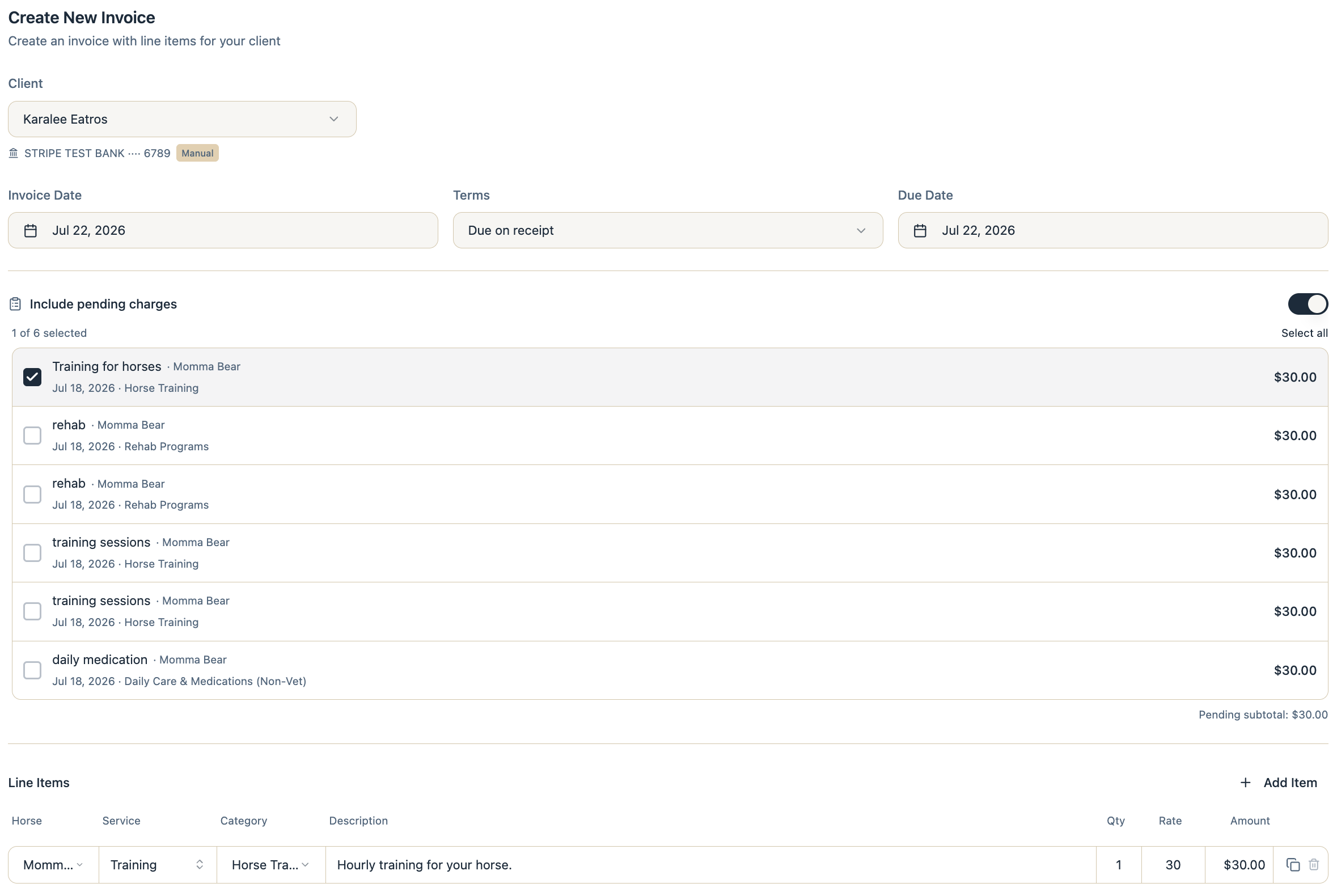 Include Pending Charges On New Invoices
