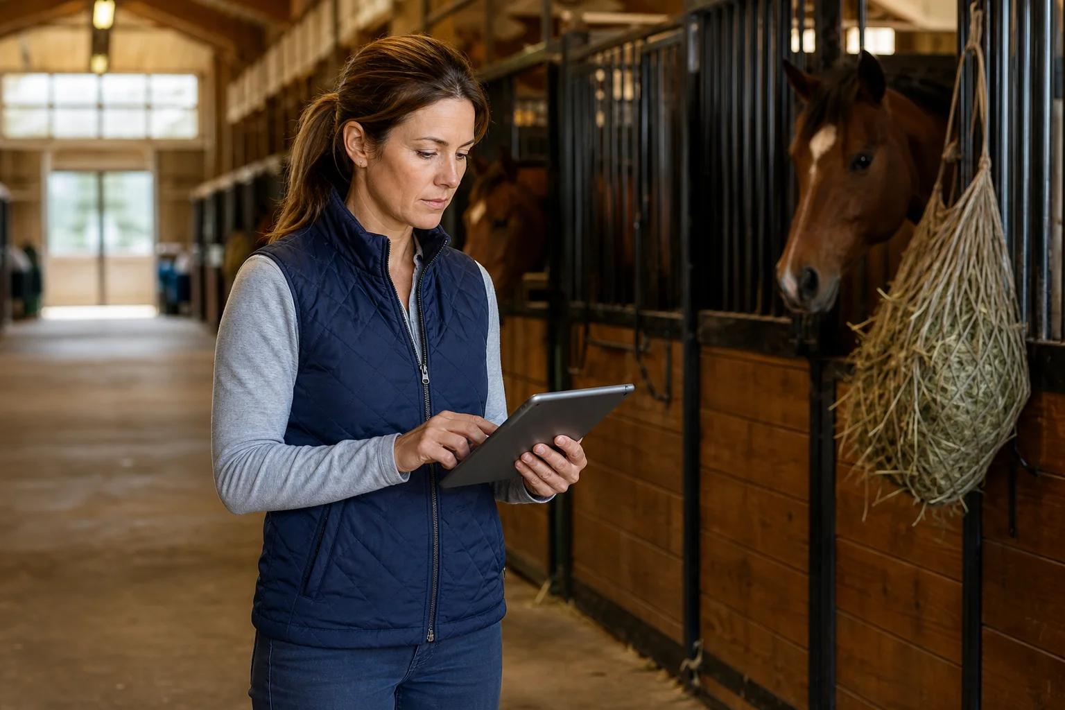 Barn manager reviewing boarding invoices and care logs on a tablet inside a stable aisle, representing organized horse boarding operations
