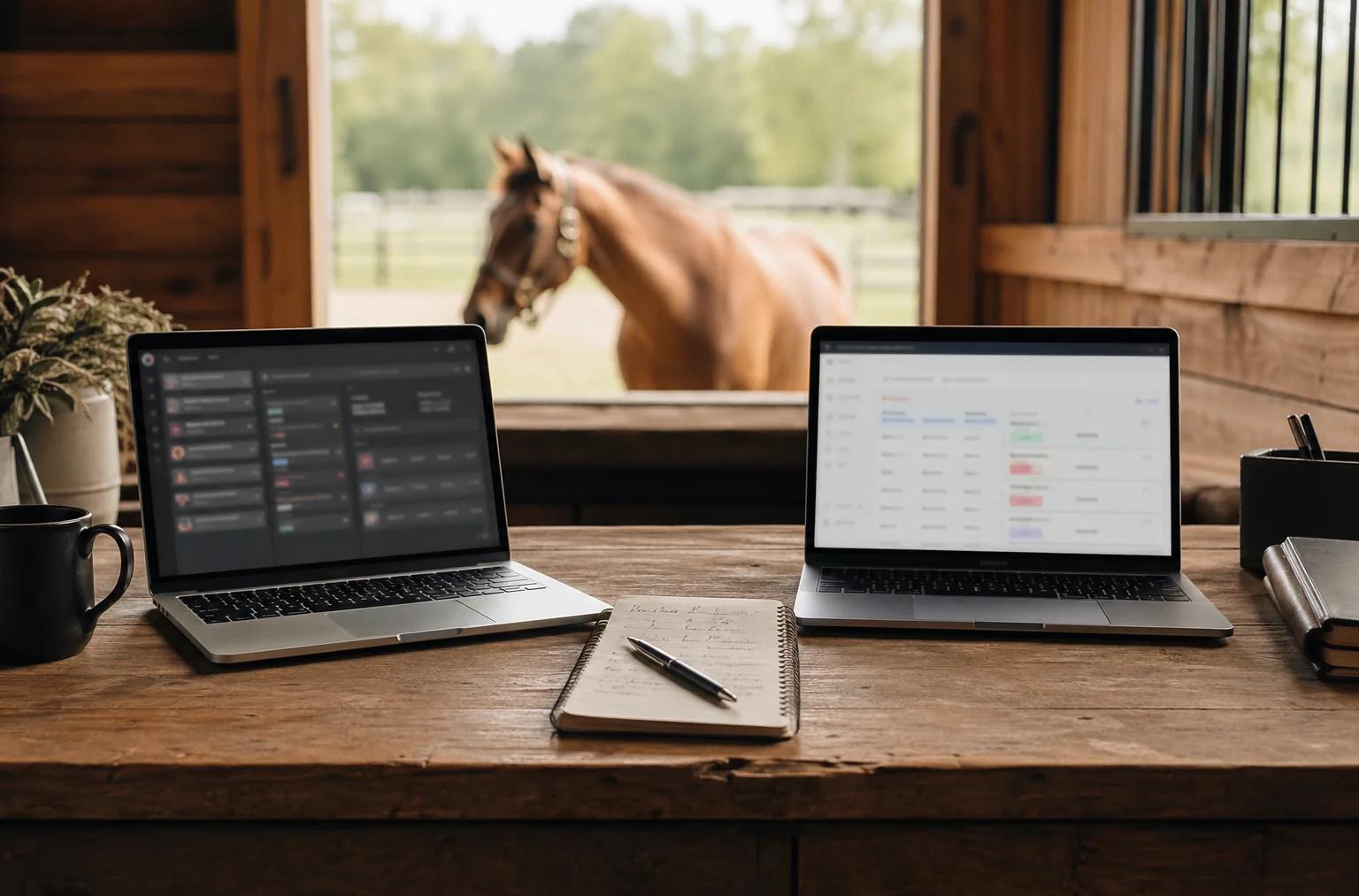 Two laptops side by side on a barn office desk showing different software dashboards