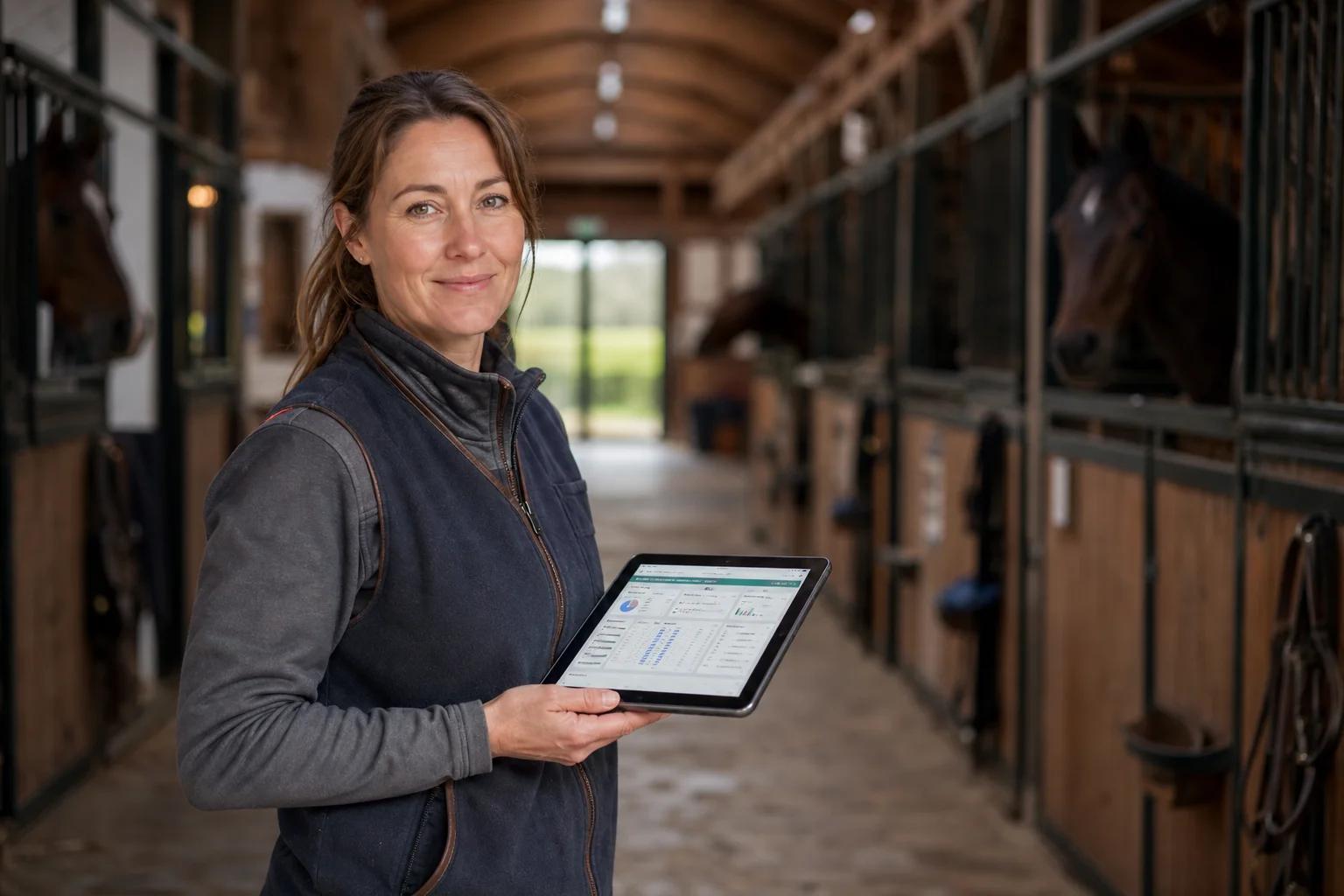 Equestrian facility manager viewing horse care records and billing data on a tablet inside a boarding barn aisle