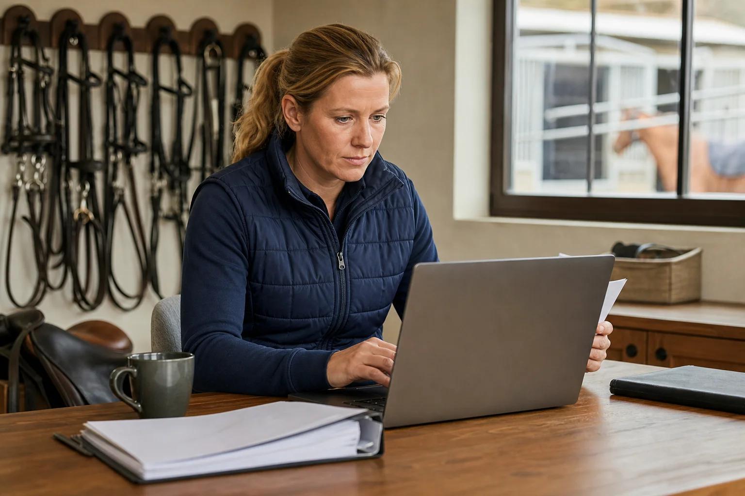 A barn manager reviewing boarding invoices and online payment records on a laptop in a stable office