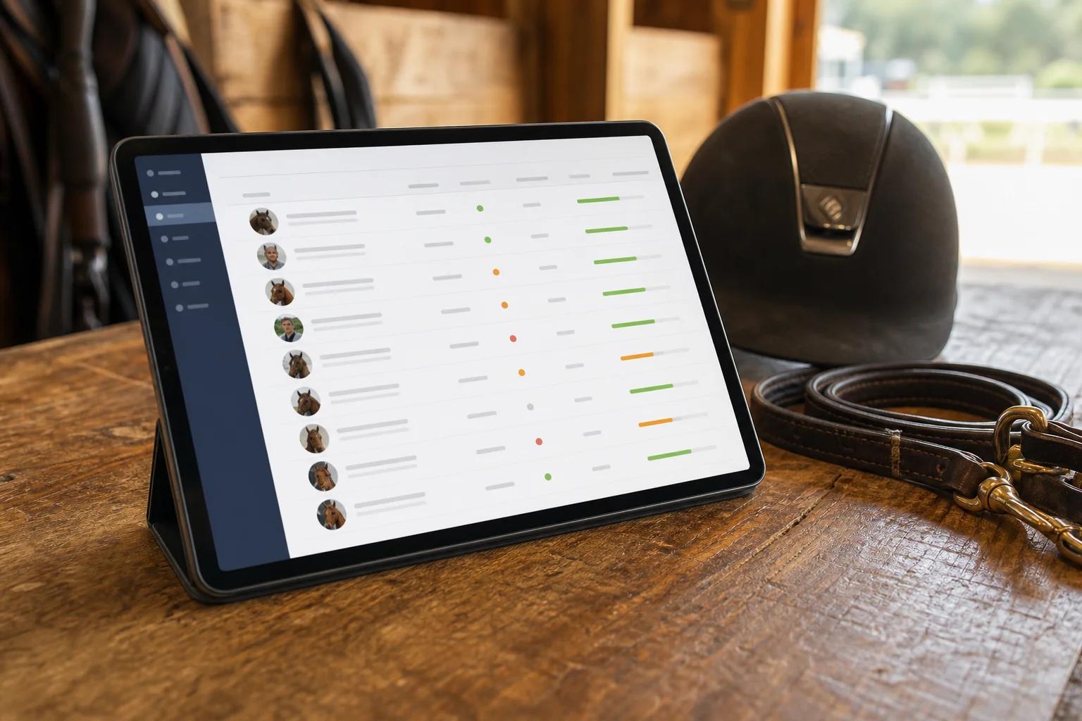 Equine billing software dashboard on a tablet in a barn office showing organized board invoices and payment status by horse owner account