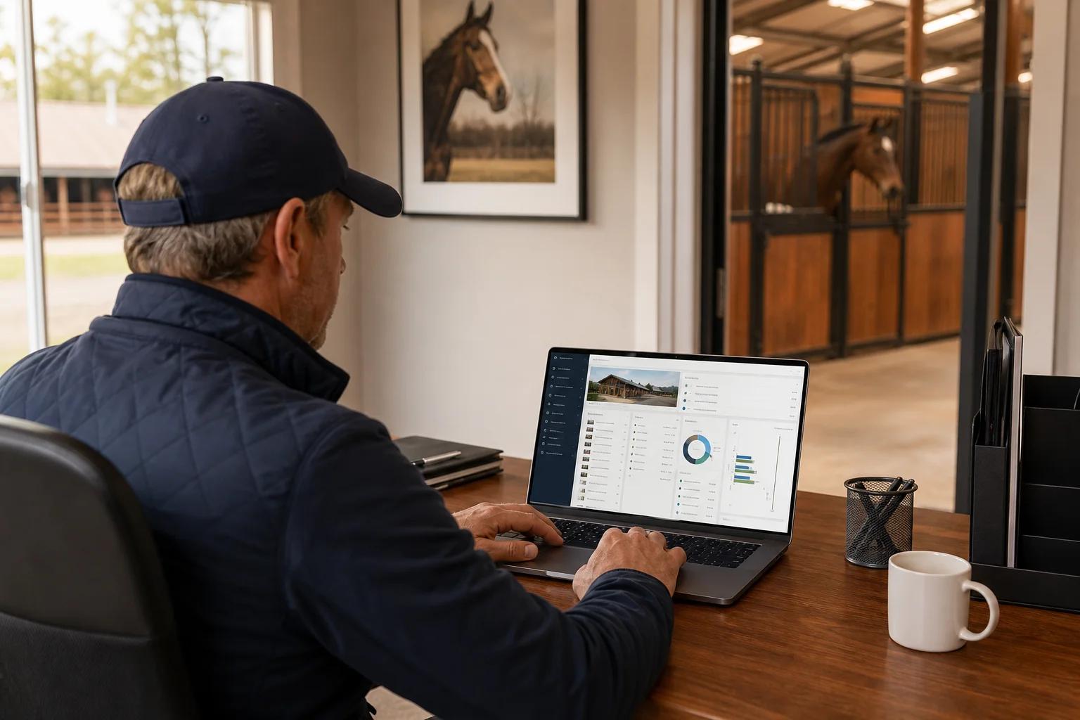 Barn manager reviewing multi-location horse boarding software on a laptop showing a stall and billing dashboard