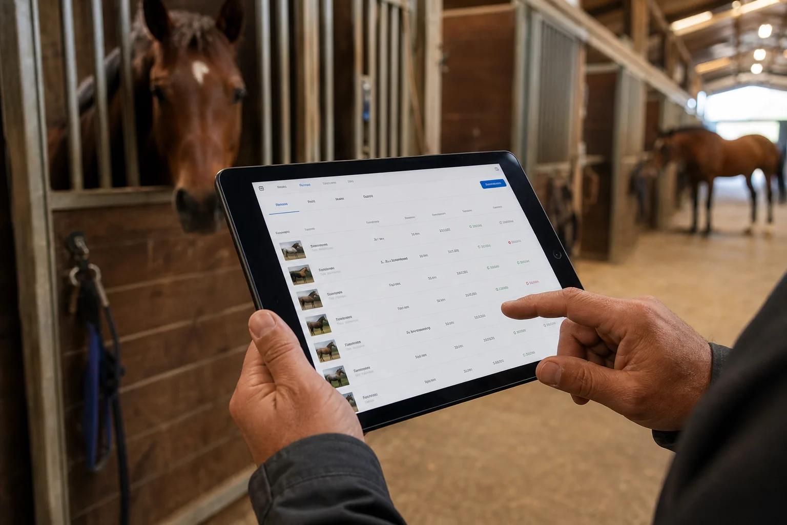 A boarding barn manager reviewing digital invoicing and stall occupancy data on a tablet inside a well-lit stable aisle