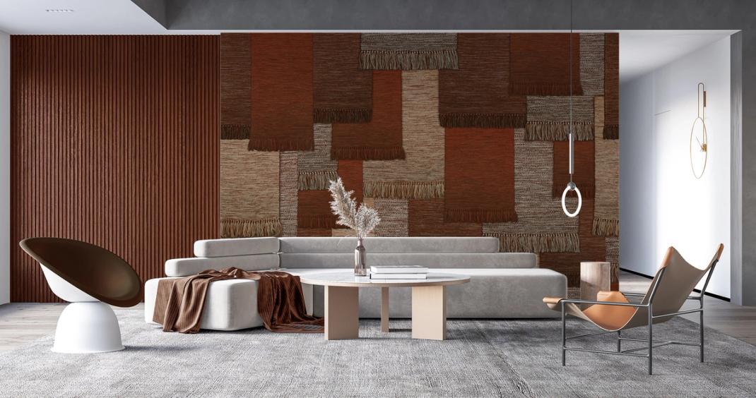 Terracotta wallpaper with various woven cloths