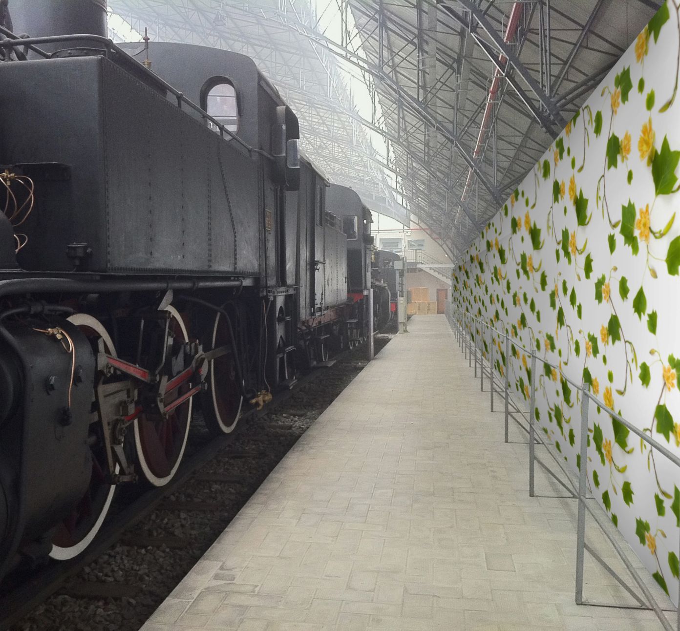 Bladeren met gele bloemen buiten bij spoor trein