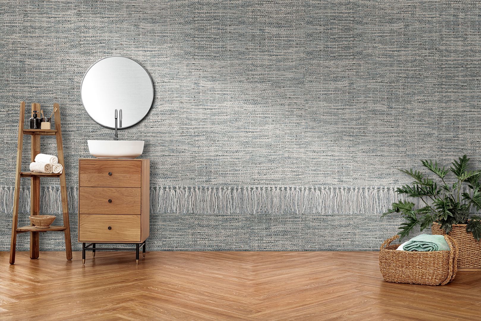 Papier peint gris avec grand motif tissé et frange