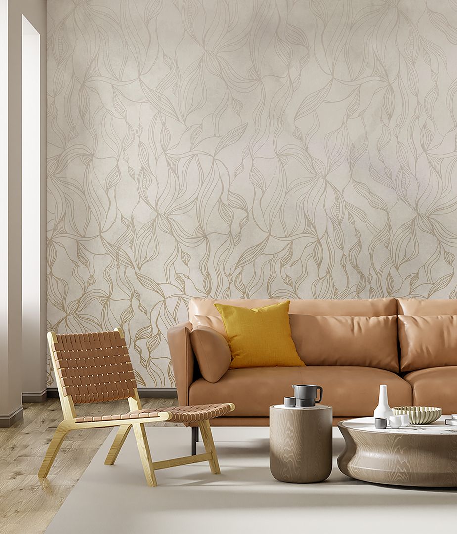 Velora groen behang met bladeren motief voor een moderne woonkamer.