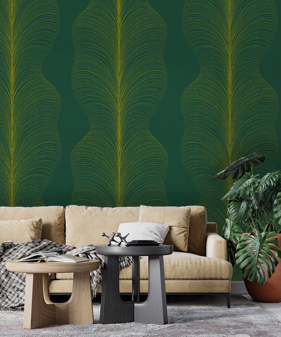 Green wallpaper with yellow-green feathers.