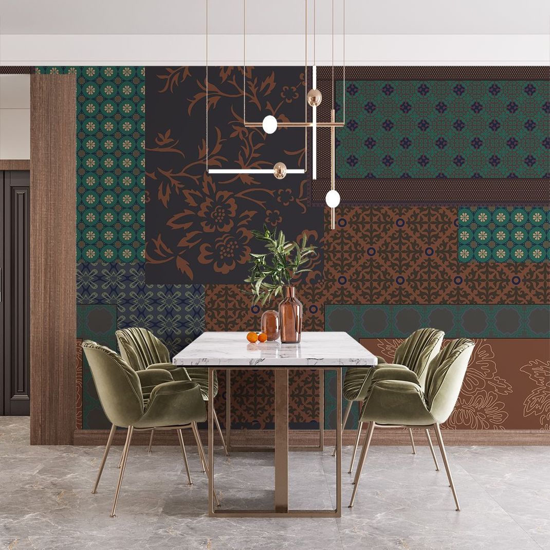 Terracotta blue wallpaper with patchwork of various patterns