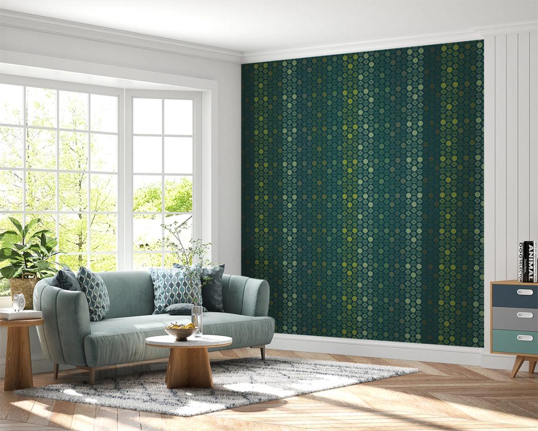 Sea green wallpaper with vertical lines and classic patterns