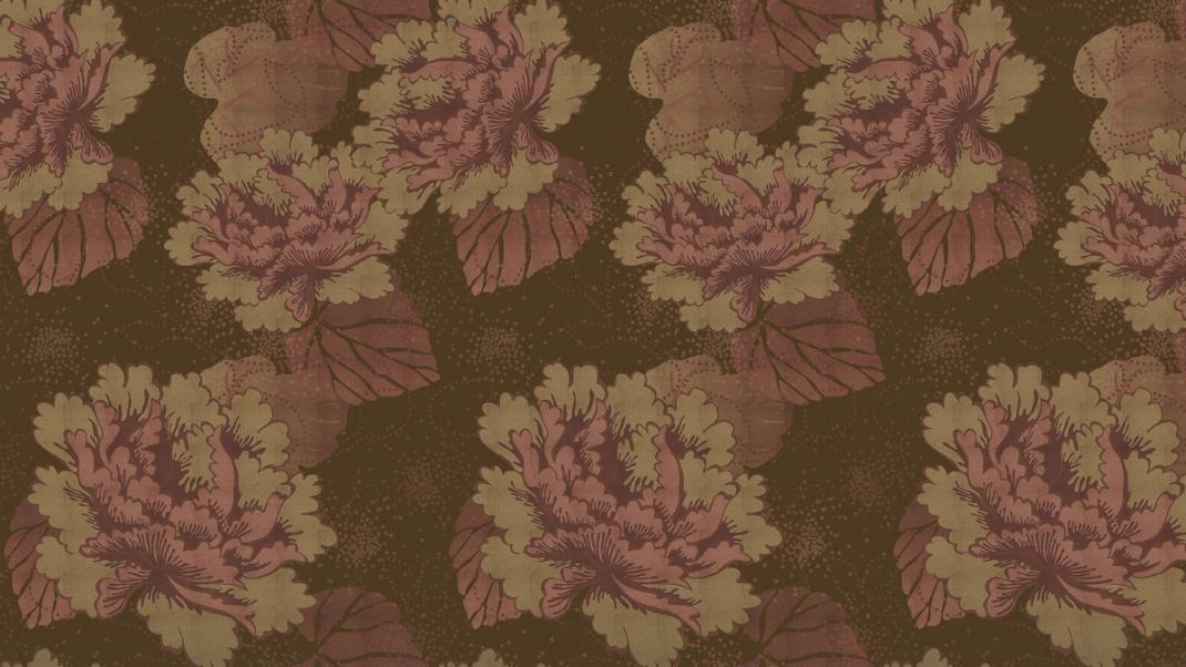 Brown wallpaper with pink leaves and flowers