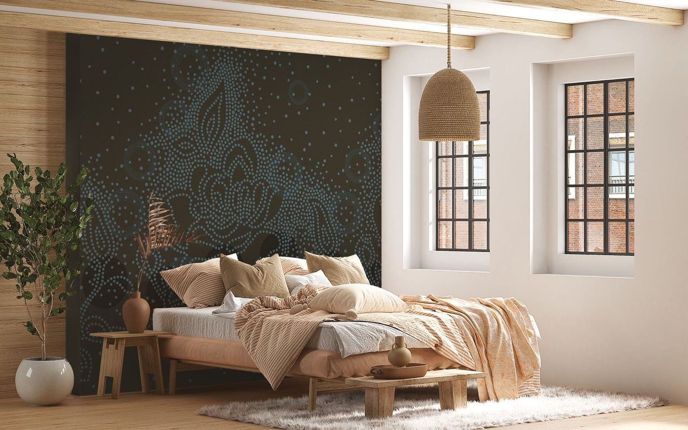 Dark brown wallpaper with blue flowers with dots.