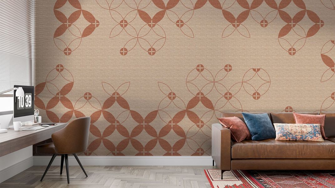 Terracotta wallpaper with textile and graphic patterns