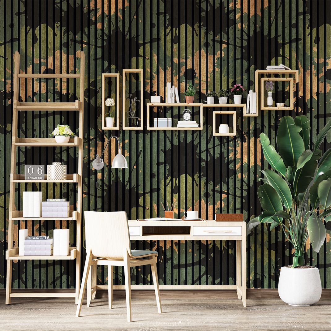 Wallpaper with wooden slats and green army splatters