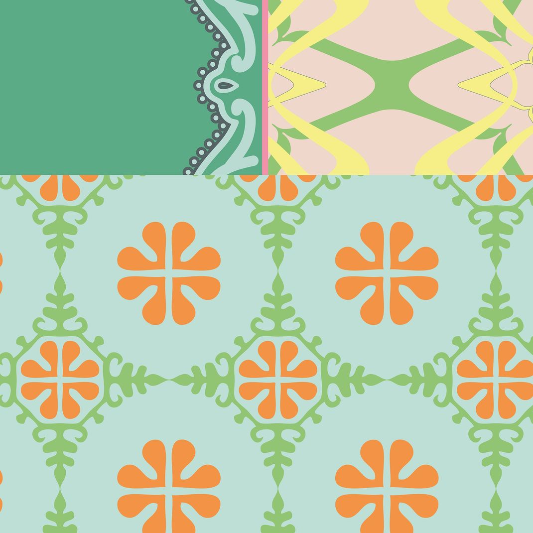 Pink and green wallpaper with patchwork of various patterns