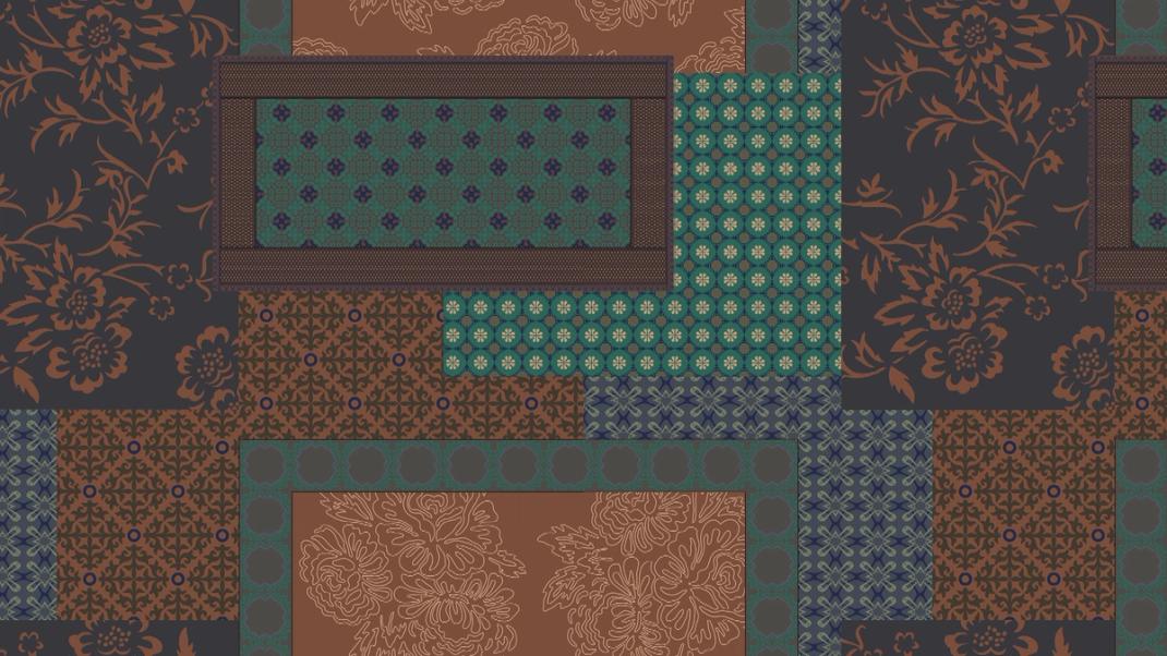 Terracotta blue wallpaper with patchwork of various patterns