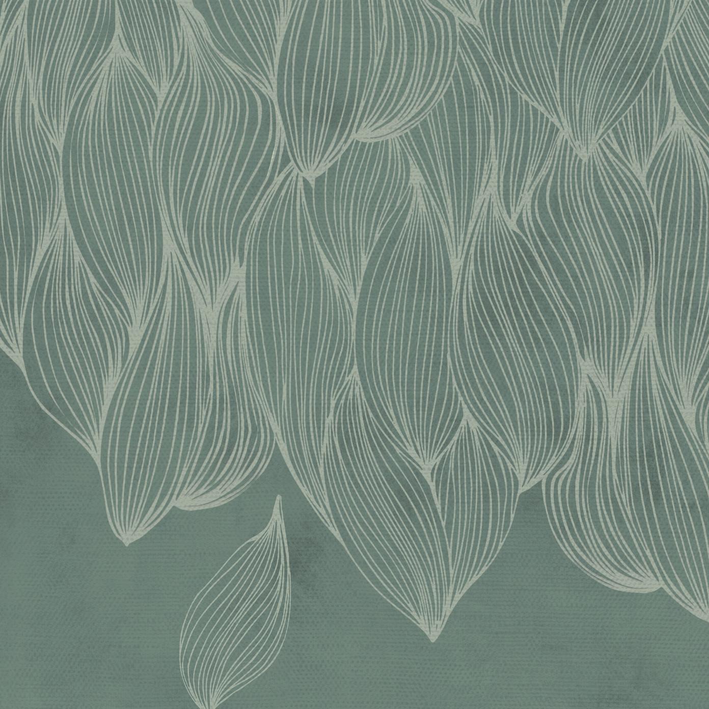 Groen botanisch behang 'Falling Leaves' met natuurlijke bladerenprint.