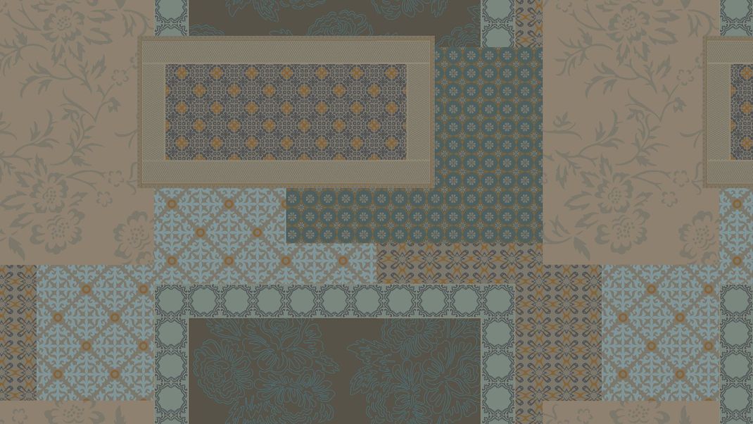 Brown blue wallpaper with patchwork of various patterns