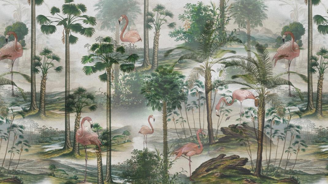 Green wallpaper with palm trees and flamingos