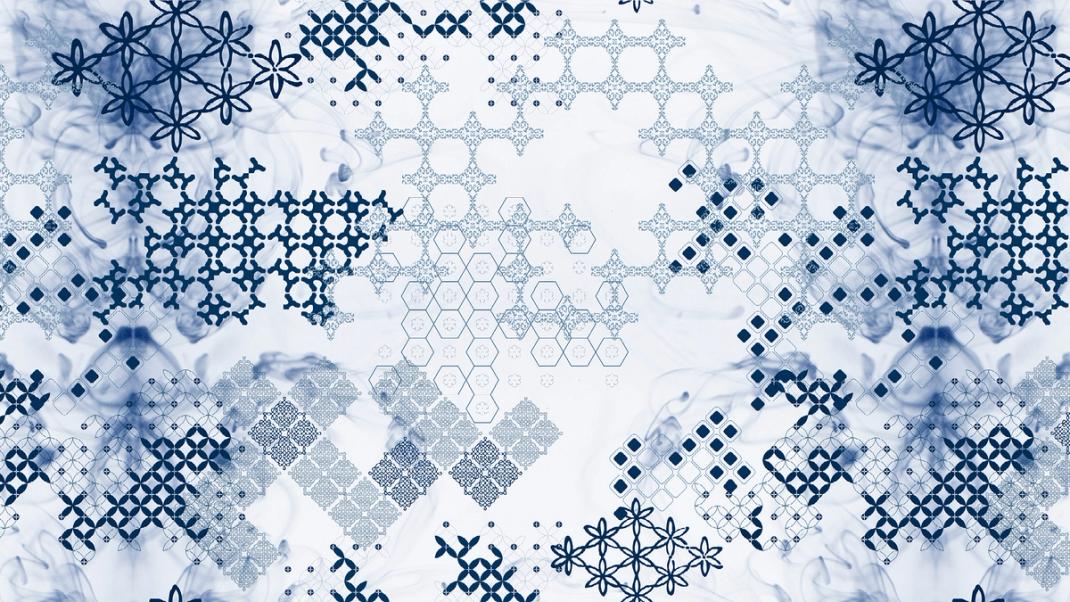 White and blue wallpaper with various patterns