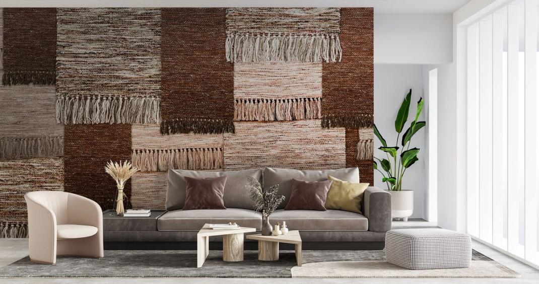 Brown wallpaper with various woven cloths.